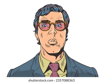 Anxiety and anxiety about the decision. Attractive guy is scared. A man in a suit and glasses is surprised, puzzled. Pop Art Retro Vector Illustration Kitsch Vintage 50s 60s Style. On a white