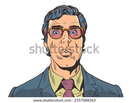 Anxiety and anxiety about the decision. Attractive guy is scared. A man in a suit and glasses is surprised, puzzled. Pop Art Retro Vector Illustration Kitsch Vintage 50s 60s Style. On a white