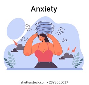 Anxiety. Character mental health issues. Woman coping with psychological stress. Mental disorder emotional and physical symptom. Flat vector illustration