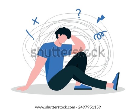 Anxiety Concept Flat Illustration - Young Man Overwhelmed with Thoughts