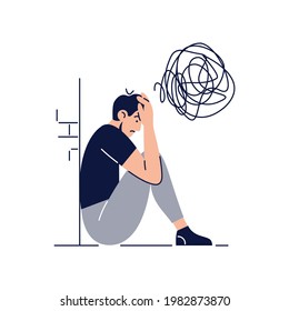 Anxiety concept. Frustrated stressed man with nervous problem feels anxiety, closing face. Mental disorders, psychological diseases concept for banner, web, emailing. Flat design vector illustration