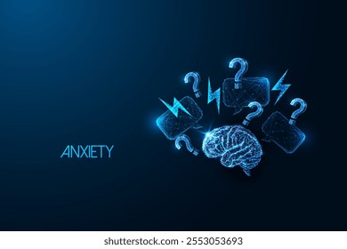 Conceito de ansiedade com o cérebro digital brilhante cercado por pontos de interrogação, bolhas de fala e relâmpagos em fundo azul escuro. Estresse e visualização de saúde mental. Ilustração vetorial abstrata.