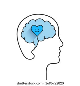 Anxiety concept with head, brain and heart silhouette. Heart shape with sad face due to anxious emotions, distress, inner turmoil and feeling worried. Vector illustration isolated on white background.