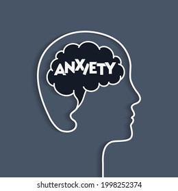 Anxiety concept with human head and brain silhouette. Being anxious, having dark thoughts, mental problems Vector illustration in papercut art. Word lettering typography.