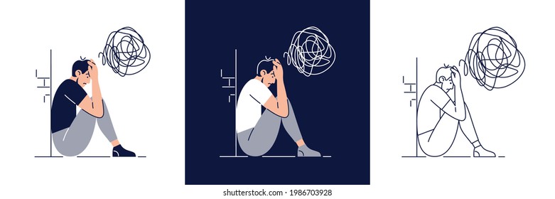 Anxiety Concept Set. Frustrated Stressed Man Feels Anxiety, Suffers From Mental Illnesses. Psychological Diseases, Mental Disorder, Stress, Mental Disorders For Web Design. Flat Vector Illustration