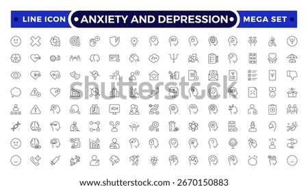 Anxiety And Depression Mental health problems, disorders and conditions icon set. Psychiatric disorders, depression, anxiety, burnout, bipolar, schizophrenia, addiction, PTSD, stress, trauma.
