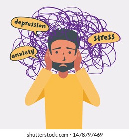 Anxiety, depression, stress concept of a man holding his head. vector illustration