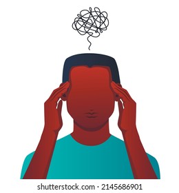 Anxiety, depression, stress, headache. Dizziness, sad and anxious thoughts of man. Young man is surrounded by stream of thoughts, chaos in head. Mental disorder. Difficult life situation.