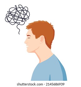 Anxiety, depression, stress, headache. Dizziness, sad and anxious thoughts of man. Young man is surrounded by stream of thoughts, chaos in head. Mental disorder. Difficult life situation.