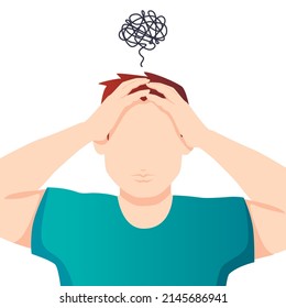 Anxiety, depression, stress, headache. Dizziness, sad and anxious thoughts of man. Young man is surrounded by stream of thoughts, chaos in head. Mental disorder. Difficult life situation.