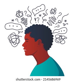 Anxiety, depression, stress, headache. Dizziness, sad and anxious thoughts of man. Young man is surrounded by stream of thoughts, chaos in head. Mental disorder. Difficult life situation.