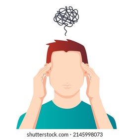 Anxiety, depression, stress, headache. Dizziness, sad and anxious thoughts of man. Young man is surrounded by stream of thoughts, chaos in head. Mental disorder. Difficult life situation.