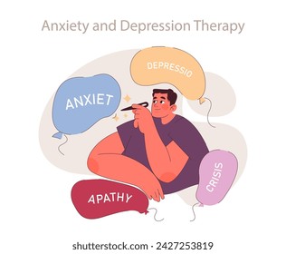 Anxiety and Depression Therapy concept. Contemplative person with thought bubbles for mental health.