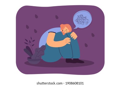 Anxiety and depression vector illustration. Unhappy lonely crying woman suffering from mental disorder, sitting on floor. Thought bubble with tangled rope at head. For frustration, stress concept