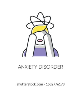 Anxiety disorder color icon  Fear   worry  Depressed man  Panic attack  Distress  Headache   migraine  Confused thoughts  Mental problem  Stress   tension  Isolated vector illustration