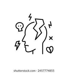Anxiety disorder. A head illustration with big thunder and negative symbol to represent anxiety mental health issue.