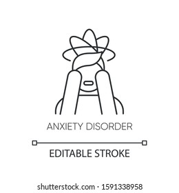 Anxiety disorder linear icon  Fear  Panic attack  Distress  Migraine  Mental problem  Stress   tension  Thin line illustration  Contour symbol  Vector isolated outline drawing  Editable stroke