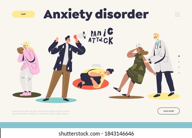 Anxiety disorder and panic attack concept of landing page with different cartoon people suffering from mental diseases, depression or despair. Template vector illustration