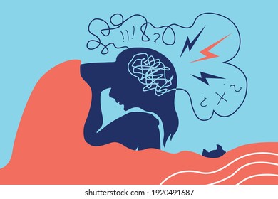 Anxiety disorder, restless woman with insomnia, vector illustration of psychological trauma, worries