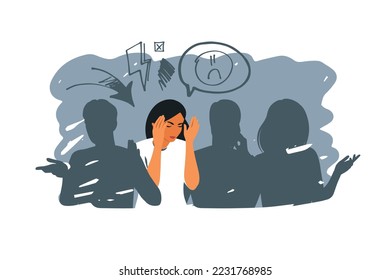 Anxiety disorder, social phobia, psychology concept. Sad young girl surrounded by people silhouettes feel lonely in society. Vector illustration.