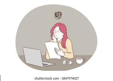 Anxiety, fatigue, business concept. Project deadline frustration depression mental stress and headache illustration. Frustrated businesswoman anxious manager depressed freelancer working at office.