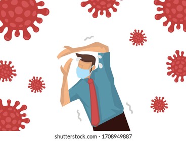 Anxiety fearful man because of the corona virus. Outbreak influenza disease concept. Vector illustration.