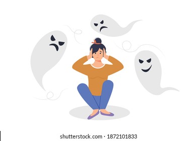 Anxiety or fears concept. Negative thoughts around the woman. Female character covered his ears with his hands. Anxiety, burnout, or panic. Woman suffers from negative thoughts or emotions.