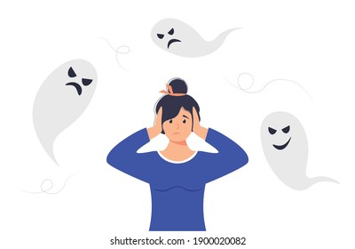 Anxiety or fears concept. Negative thoughts around the woman. Anxiety or panic. The woman covers her ears with her hands. The female character suffers from negative thoughts or emotions. 