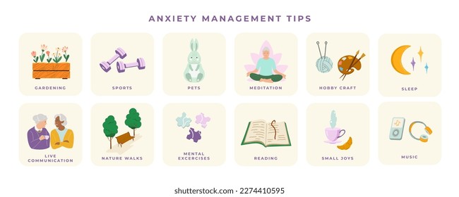 Anxiety help tips vector illustrations set. Ways to stress relief collection. Aged women mental health self treatment and anxiety management lifestyle elements. Isolated