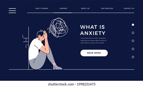 Anxiety homepage template. Young man in a state of depression feels anxiety. Psychological diseases, mental disorder, stress, mental illnesses concept concept for web design. Flat vector illustration