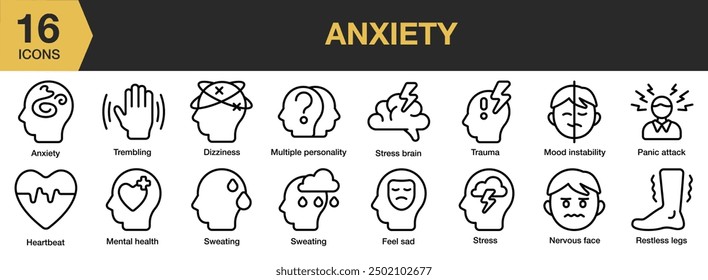 Anxiety icon set. Includes anxiety, feel sad, nervous face, stress brain, trauma, sweating, and More. Outline icons vector collection.