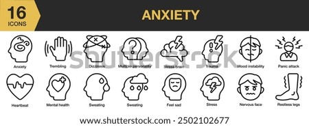 Anxiety icon set. Includes anxiety, feel sad, nervous face, stress brain, trauma, sweating, and More. Outline icons vector collection.