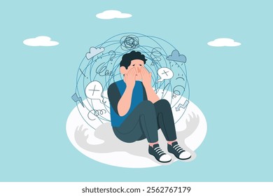 Anxiety illustration. Person feeling stressed and anxious, representing mental health challenges and emotional distress.