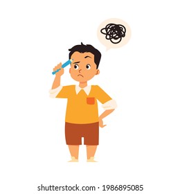 Anxiety Kid Boy With Confused Thinking Tries Solve Problem. Upset Child In Stress Because Of A Mental Or Memory Disorder. Concept Of Education Or Psychology Aid. Vector Illustration