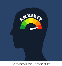 Anxiety level meter on a person head profile view. Mental health concept illustration.