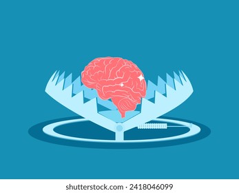 Anxiety, limiting thoughts. Brain in a bear trap. vector 