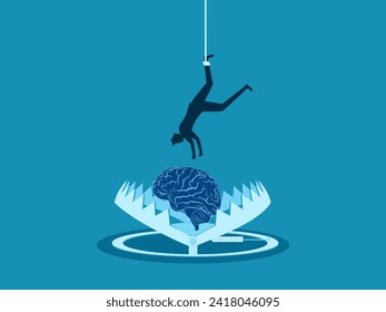 Anxiety, limiting thoughts. Businessman accessing brain in bear trap. vector 