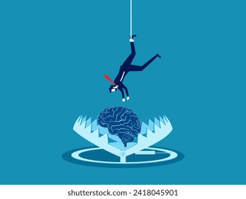 Anxiety, limiting thoughts. Businessman picks brain in bear trap. vector 