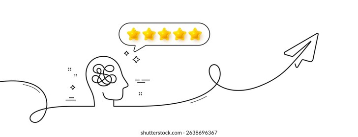 Anxiety line icon. Continuous line with share plane. Stress or Think worry sign. Mental health symbol. Five star rate review in speech bubble. Anxiety single line ribbon. Loop curve pattern. Vector