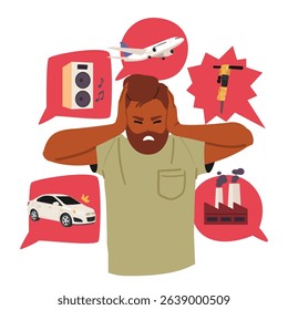 Anxiety man cartoon character struggling with noise pollution covering ears vector illustration. Guy in emotional stress feeling exhaustion listening loud city sounds from different sources scene