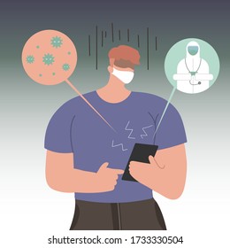 Anxiety Man Watched on Covid 19 News on Mobile flat vector illustration. character use medical mask on background. Covid 19