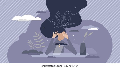 Anxiety mental health condition and bad emotional state tiny person concept. Depression feeling and internal emotion with dark or negative thoughts vector illustration. Psychiatry help necessity scene