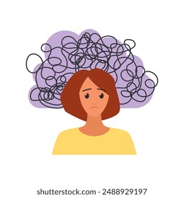 Anxiety mental health condition and bad emotional state of woman in chaos of thoughts vector illustration