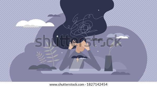 Anxiety mental health condition and bad emotional\
state tiny person concept. Depression feeling and internal emotion\
with dark or negative thoughts vector illustration. Psychiatry help\
necessity scene