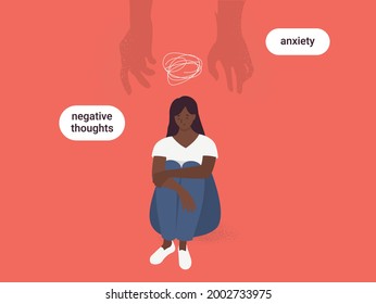 Anxiety and negative thoughts. Sad woman with depression. Vector