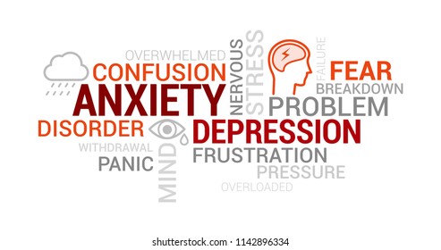 Anxiety, panic and depression tag cloud with words, concepts and icons