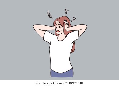 Anxiety, panic and stress concept. Young anxious female cartoon character standing touching head feeling stressed vector illustration 