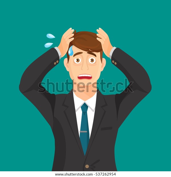 焦虑的人肖像在蓝色背景 卡通插图 焦虑握着手在他的脸和尖叫 头痛疼痛 担心失败者 累了 不安的人 库存矢量图 免版税