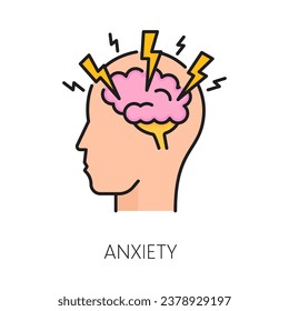 Angststörungen psychische Störung, Symbol für psychische Gesundheit. Einziger linearer Vektorkopf mit Gehirn, das mit Blitzen angegriffen wird. Der Mensch fühlt sich überwältigt. Not, Frustration, psychische Herausforderungen