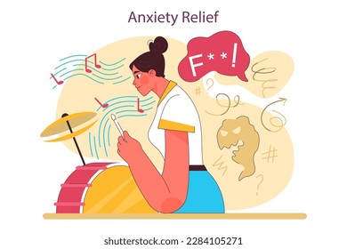 Anxiety relief as a positive effect of playing drums. Female character' creative hobby. Drummer practising or performing music, playing musical instrument. Flat vector illustration